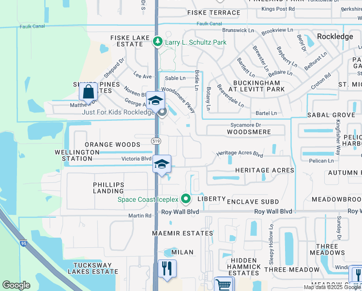 map of restaurants, bars, coffee shops, grocery stores, and more near 148 Southgate Drive in Rockledge