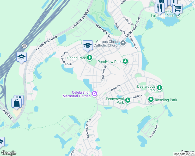 map of restaurants, bars, coffee shops, grocery stores, and more near 1057 Banks Rose Street in Celebration