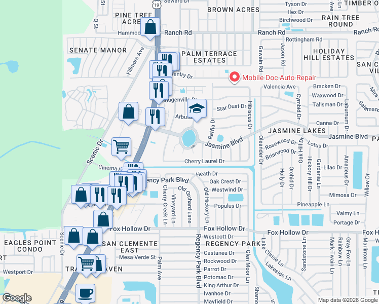 map of restaurants, bars, coffee shops, grocery stores, and more near 10401 Alice M Court in Port Richey
