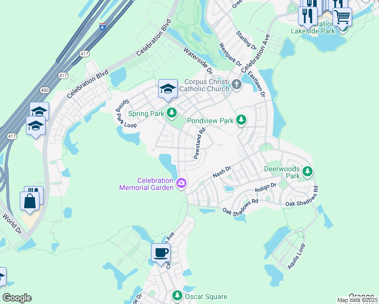 map of restaurants, bars, coffee shops, grocery stores, and more near 1055 Banks Rose Street in Celebration