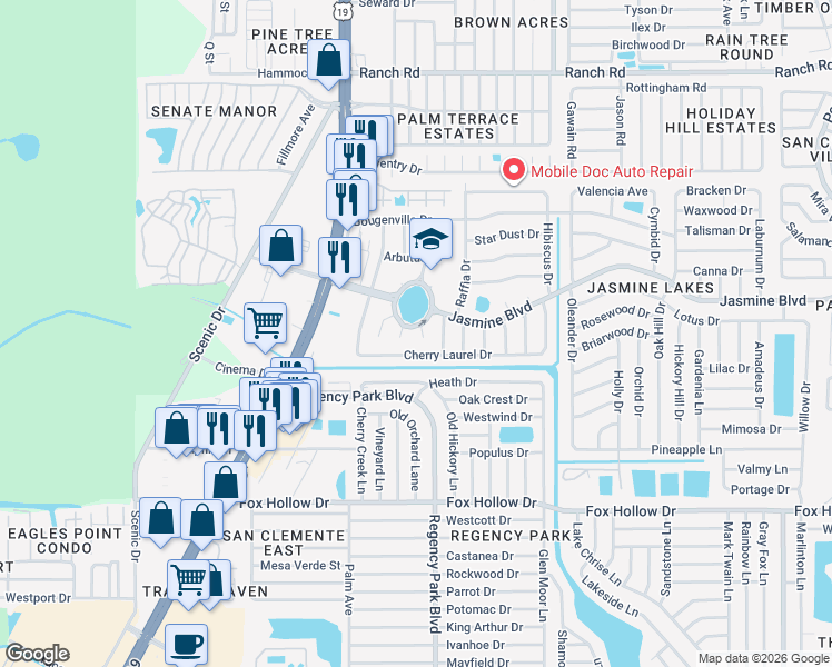 map of restaurants, bars, coffee shops, grocery stores, and more near 10401 Alice M Court in Port Richey