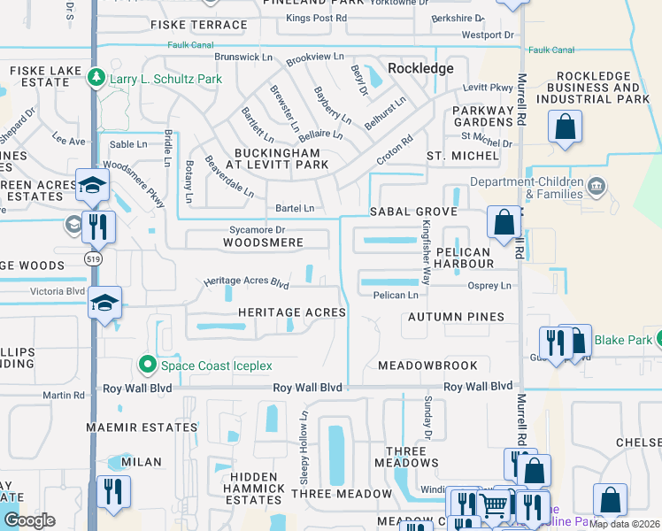 map of restaurants, bars, coffee shops, grocery stores, and more near 1202 Twin Oaks Court in Rockledge