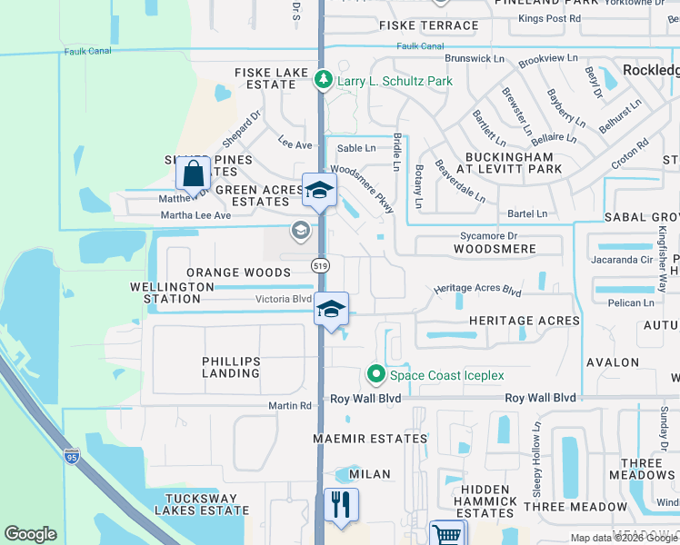 map of restaurants, bars, coffee shops, grocery stores, and more near 1110 Newton Circle in Rockledge