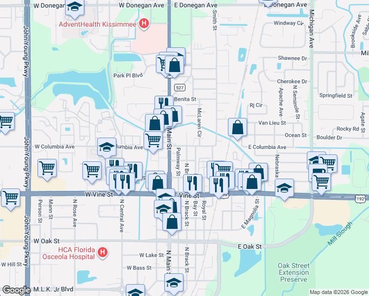 map of restaurants, bars, coffee shops, grocery stores, and more near 1809 North Brack Street in Kissimmee