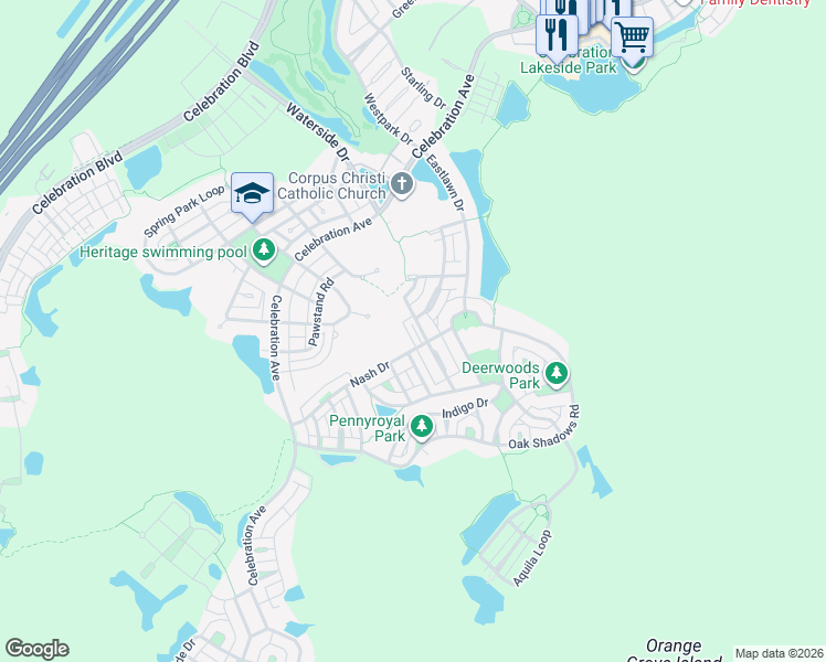 map of restaurants, bars, coffee shops, grocery stores, and more near 922 Greenlawn Street in Celebration