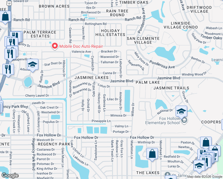 map of restaurants, bars, coffee shops, grocery stores, and more near 10338 Honeysuckle Lane in Port Richey