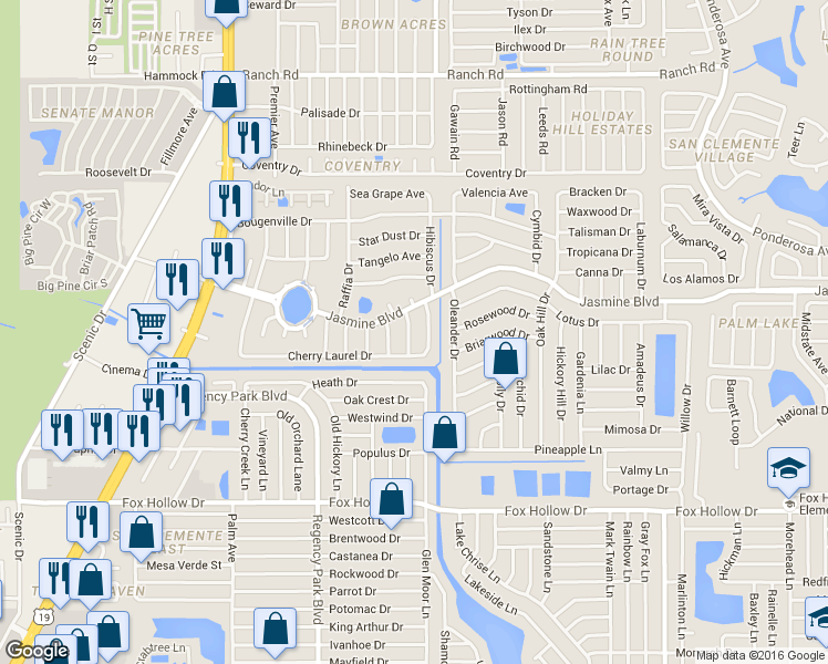 map of restaurants, bars, coffee shops, grocery stores, and more near 10340 Loquat Drive in Port Richey