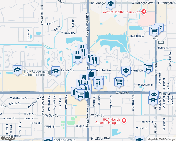 map of restaurants, bars, coffee shops, grocery stores, and more near N John Young Pkwy & W Columbia Ave in Kissimmee