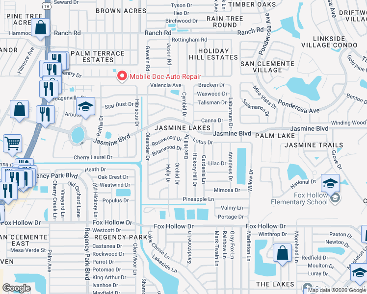 map of restaurants, bars, coffee shops, grocery stores, and more near 7707 Briarwood Drive in Port Richey