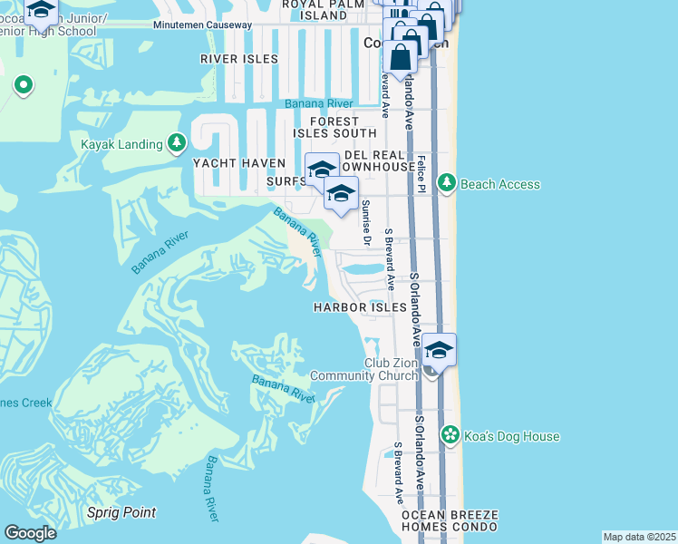 map of restaurants, bars, coffee shops, grocery stores, and more near 580 South Brevard Avenue in Cocoa Beach