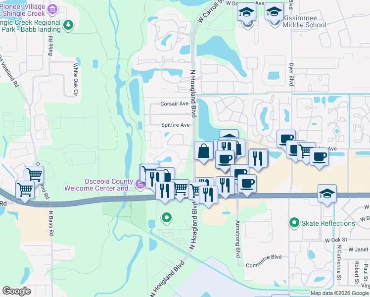 map of restaurants, bars, coffee shops, grocery stores, and more near 1704 Foxhall Circle in Kissimmee