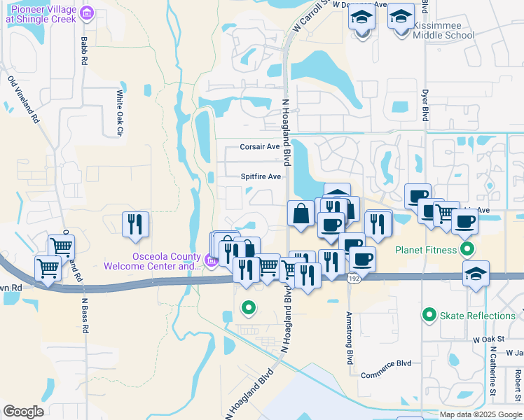 map of restaurants, bars, coffee shops, grocery stores, and more near 1746 Foxhall Circle in Kissimmee