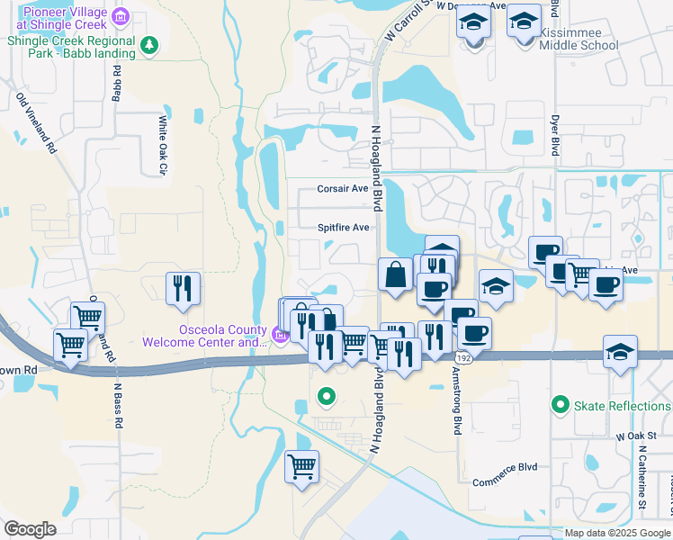 map of restaurants, bars, coffee shops, grocery stores, and more near 1746 Foxhall Circle in Kissimmee