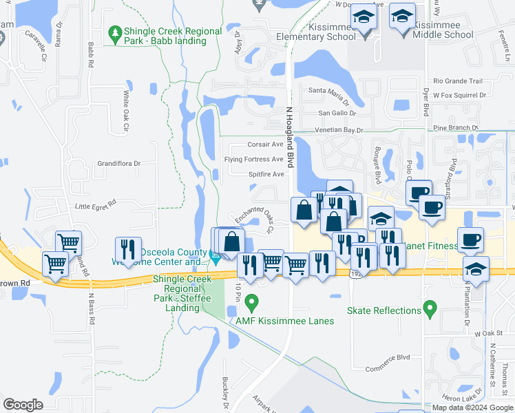 map of restaurants, bars, coffee shops, grocery stores, and more near 1746 Foxhall Circle in Kissimmee