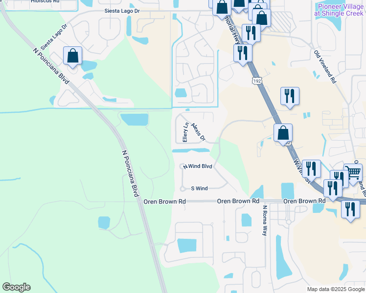 map of restaurants, bars, coffee shops, grocery stores, and more near 4718 Windwood Drive in Kissimmee