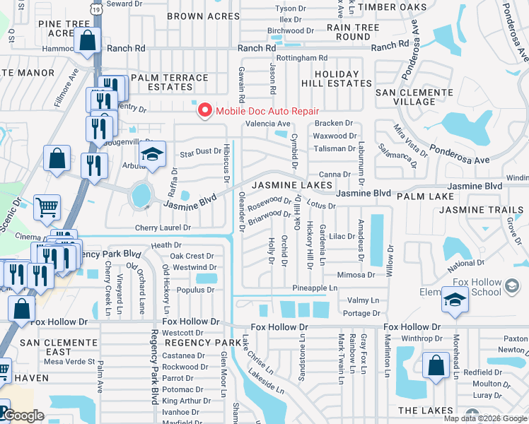 map of restaurants, bars, coffee shops, grocery stores, and more near 7605 Briarwood Drive in Port Richey