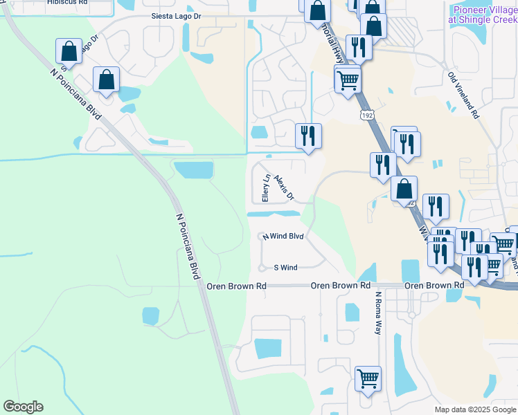 map of restaurants, bars, coffee shops, grocery stores, and more near 4718 Windwood Drive in Kissimmee