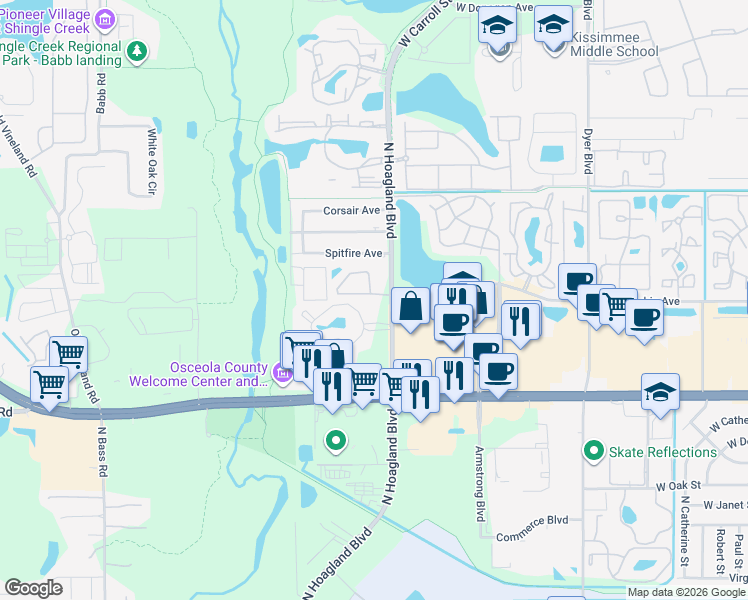 map of restaurants, bars, coffee shops, grocery stores, and more near 1704 Foxhall Circle in Kissimmee