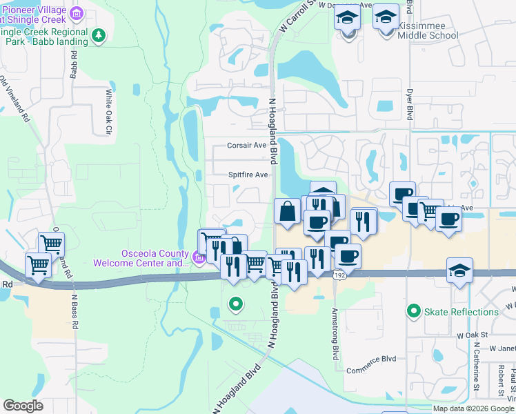 map of restaurants, bars, coffee shops, grocery stores, and more near 1704 Foxhall Circle in Kissimmee