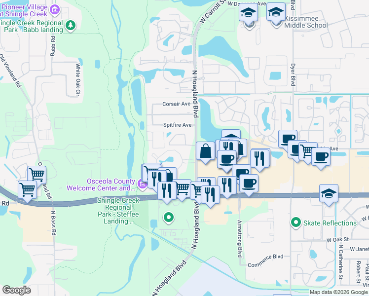 map of restaurants, bars, coffee shops, grocery stores, and more near 1704 Foxhall Circle in Kissimmee