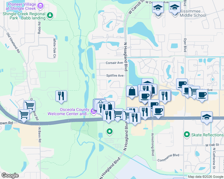 map of restaurants, bars, coffee shops, grocery stores, and more near 1746 Foxhall Circle in Kissimmee