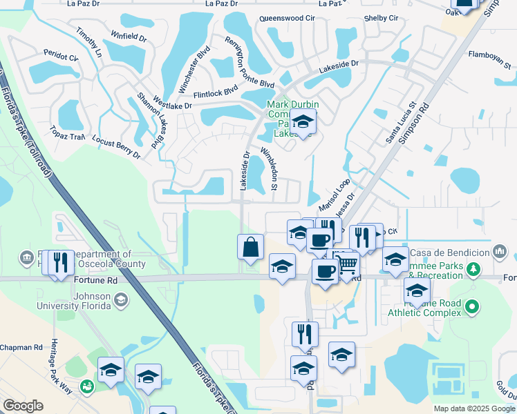 map of restaurants, bars, coffee shops, grocery stores, and more near 2210 Stonehedge Loop in Kissimmee
