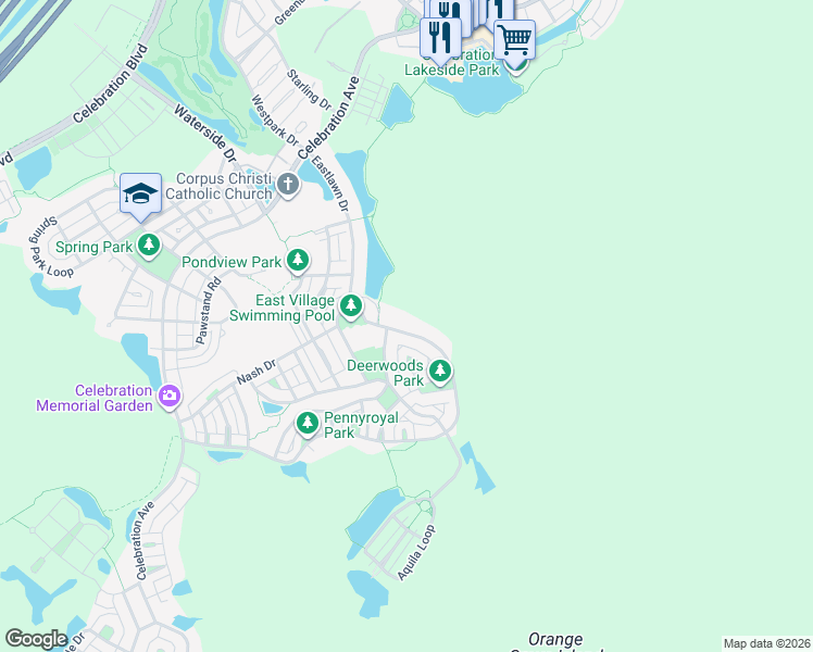 map of restaurants, bars, coffee shops, grocery stores, and more near 797 Oak Shadows Road in Kissimmee