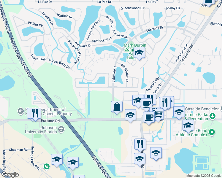 map of restaurants, bars, coffee shops, grocery stores, and more near 2280 Mallard Creek Circle in Kissimmee