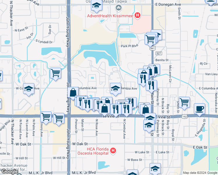 map of restaurants, bars, coffee shops, grocery stores, and more near 417 Fountainhead Circle in Kissimmee