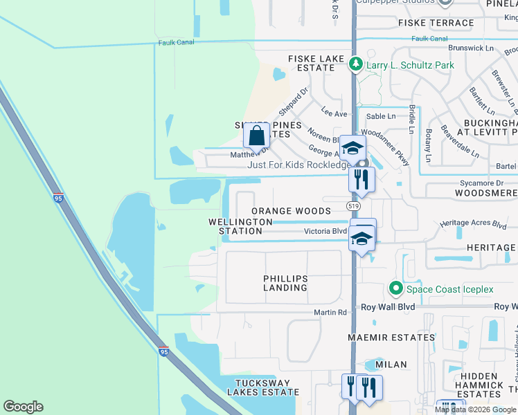 map of restaurants, bars, coffee shops, grocery stores, and more near 1064 Orange Woods Boulevard in Rockledge