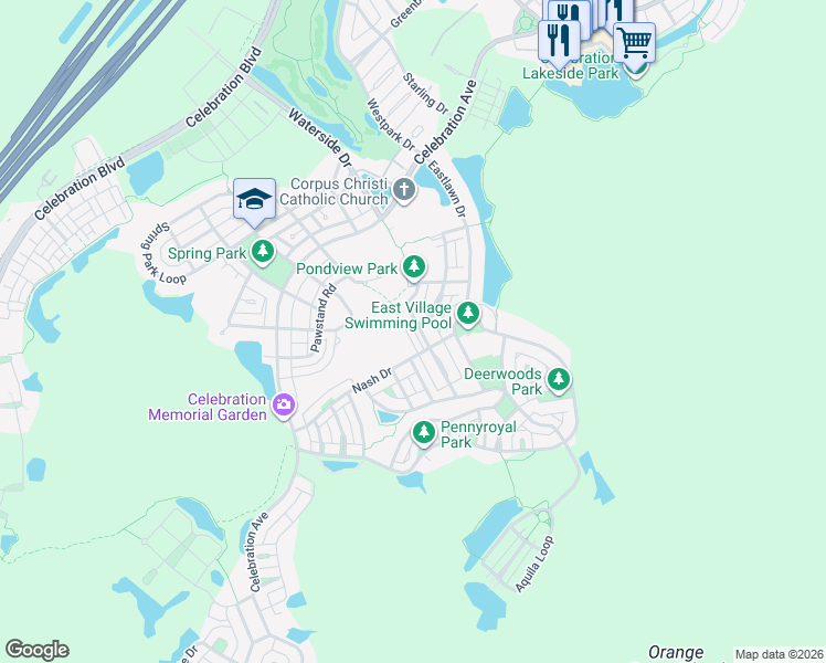 map of restaurants, bars, coffee shops, grocery stores, and more near 916 Greenlawn Street in Celebration