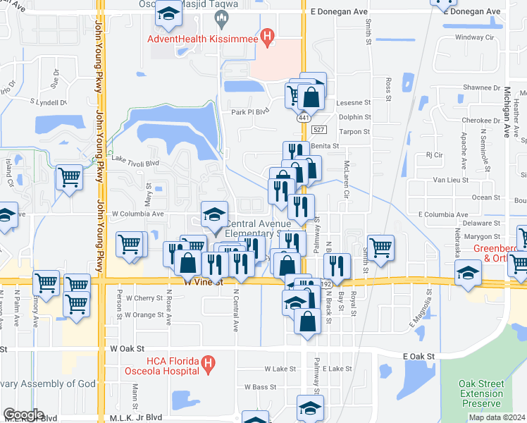 map of restaurants, bars, coffee shops, grocery stores, and more near 301 West Columbia Avenue in Kissimmee