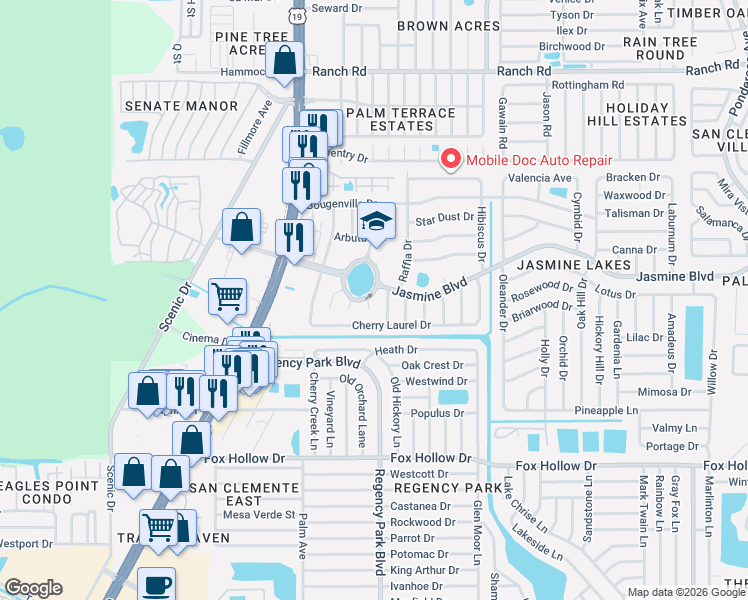 map of restaurants, bars, coffee shops, grocery stores, and more near 10401 Alice M Court in Port Richey