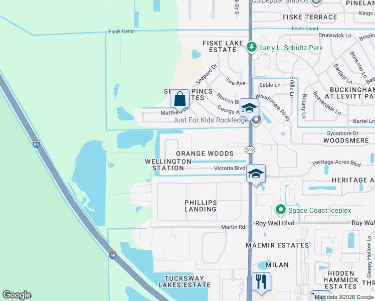 map of restaurants, bars, coffee shops, grocery stores, and more near 1064 Orange Woods Boulevard in Rockledge