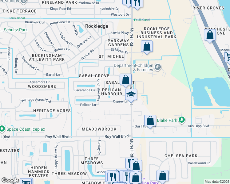 map of restaurants, bars, coffee shops, grocery stores, and more near 926 Pelican Lane in Rockledge