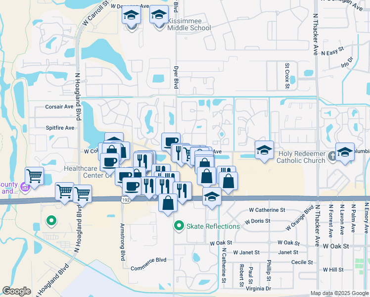 map of restaurants, bars, coffee shops, grocery stores, and more near 3300 West Columbia Avenue in Kissimmee