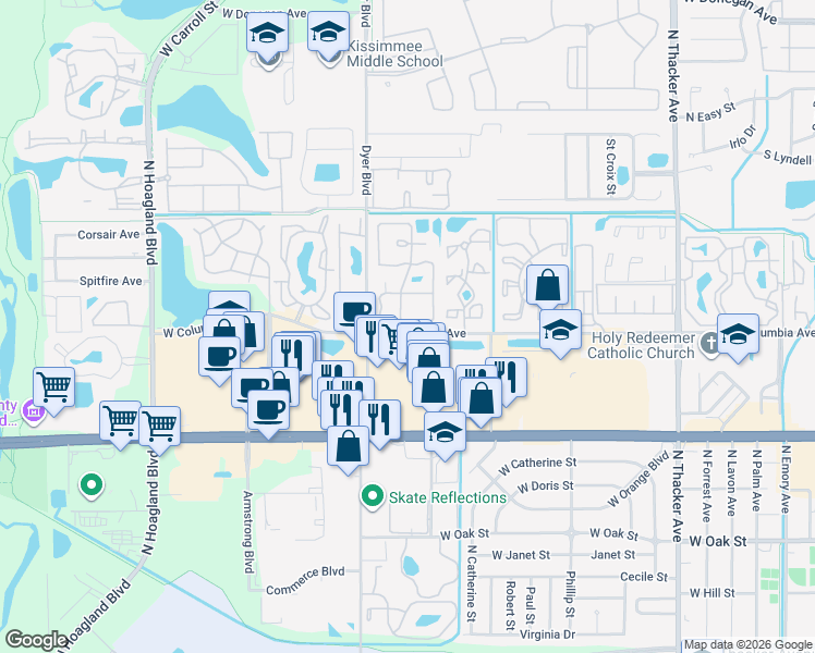 map of restaurants, bars, coffee shops, grocery stores, and more near 3144 Windover Avenue in Kissimmee