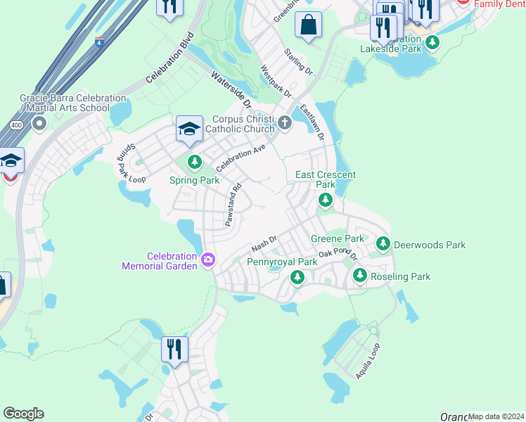 map of restaurants, bars, coffee shops, grocery stores, and more near 1108 Banks Rose Court in Celebration