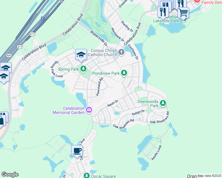 map of restaurants, bars, coffee shops, grocery stores, and more near 1106 Banks Rose Court in Celebration