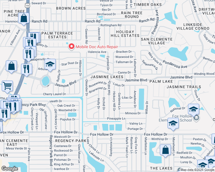 map of restaurants, bars, coffee shops, grocery stores, and more near 7708 Rosewood Drive in Port Richey