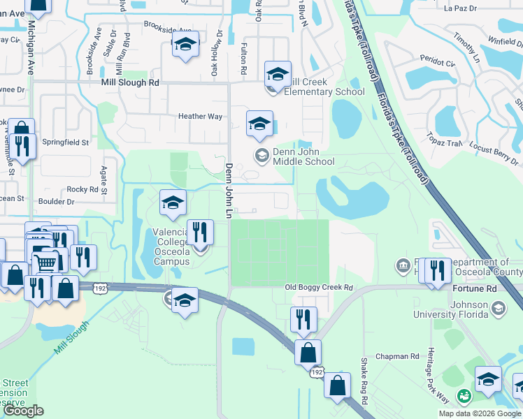 map of restaurants, bars, coffee shops, grocery stores, and more near 1657 Sunburst Way in Kissimmee