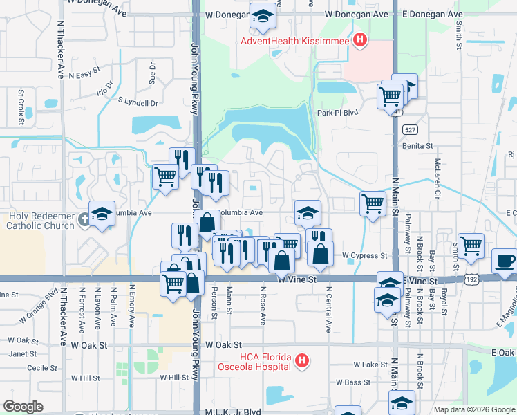 map of restaurants, bars, coffee shops, grocery stores, and more near 1603 Columbia Arms Circle in Kissimmee