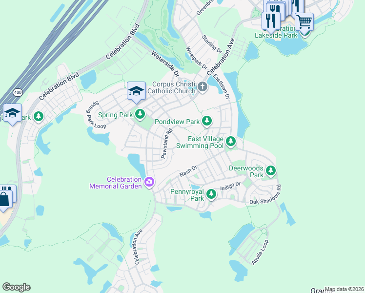 map of restaurants, bars, coffee shops, grocery stores, and more near 1108 Banks Rose Court in Celebration