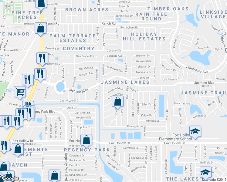 map of restaurants, bars, coffee shops, grocery stores, and more near 7604 Rosewood Drive in Port Richey