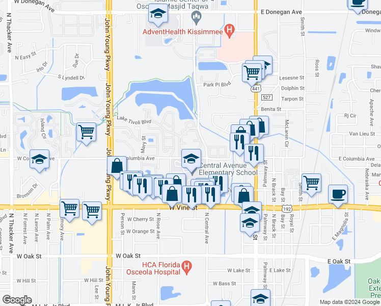 map of restaurants, bars, coffee shops, grocery stores, and more near 670 Captiva Circle in Kissimmee