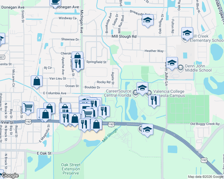 map of restaurants, bars, coffee shops, grocery stores, and more near 1372 Boulder Drive in Kissimmee