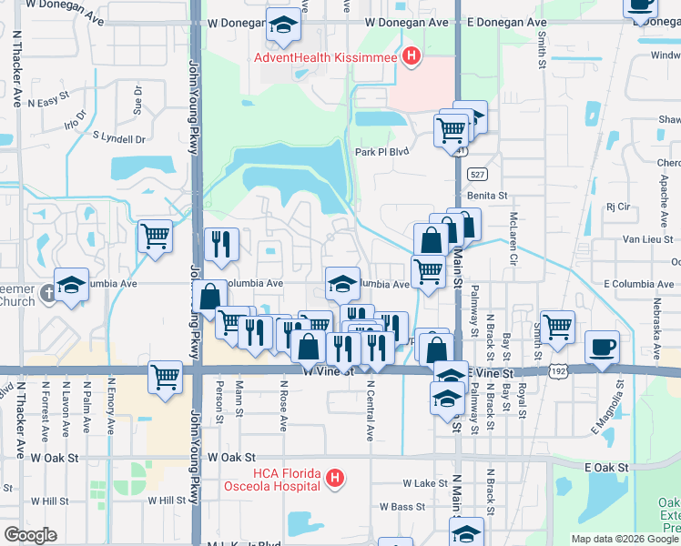 map of restaurants, bars, coffee shops, grocery stores, and more near 670 Captiva Circle in Kissimmee