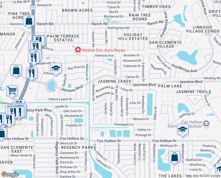 map of restaurants, bars, coffee shops, grocery stores, and more near 7707 Briarwood Drive in Port Richey