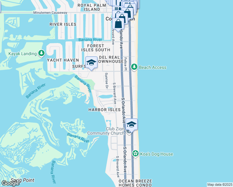 map of restaurants, bars, coffee shops, grocery stores, and more near 211 South 6th Street in Cocoa Beach