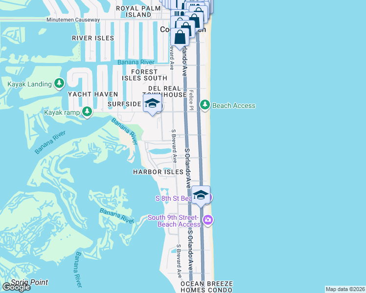 map of restaurants, bars, coffee shops, grocery stores, and more near 211 South 6th Street in Cocoa Beach